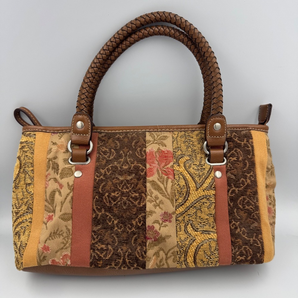 Relic Handbag Brown Tapestry Floral Canvas Braided Handle Satchel Bag